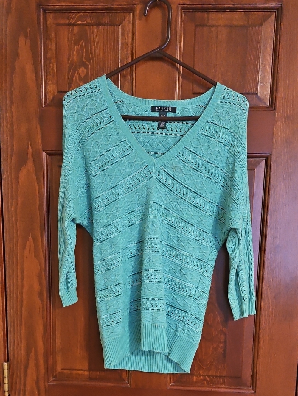 Lauren Ralph Lauren Teal Open-Knit V-Neck Sweater